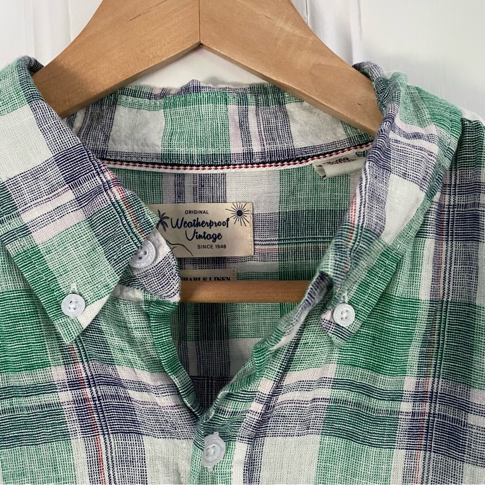Weatherproof Vintage Shirt Short Sleeve Plaid Linen Blend Washable Summer Men XL